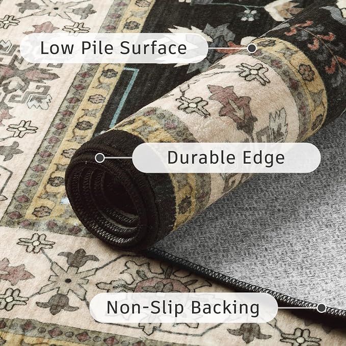 DCX Machine Washable Black Area Rug 9x12, Non Slip Stain Resistant Vintage Area - Image 7