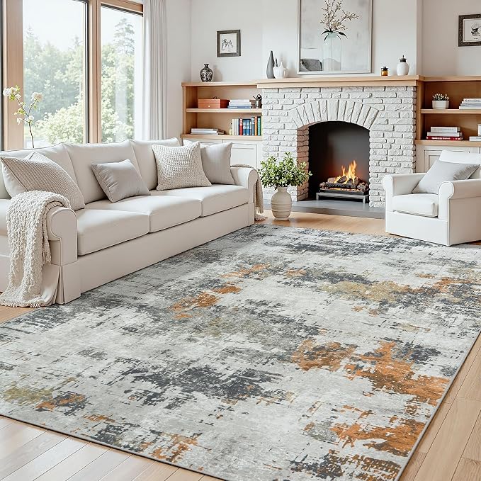 Area Rug 5x7 Living Room Rug Washable: No-Slip Abstract Soft Thin Large Grey by Oriannal