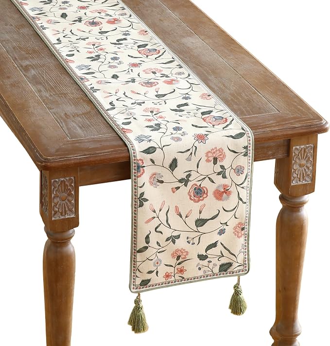 Designer Vintage Linen Table Runner, Floral Pattern, Dining Table, Kitchen Decor by Isaennehomedecoration