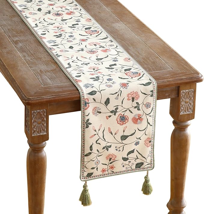 Designer Vintage Linen Table Runner, Floral Pattern, Dining Table, Kitchen Decor by Isaennehomedecoration