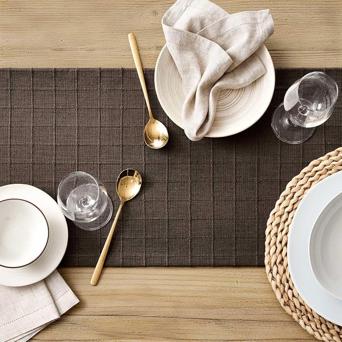 Artisanal Grid Linen Table Runner, 13x90 Inches Chocolate | Heavy Textured - Image 5