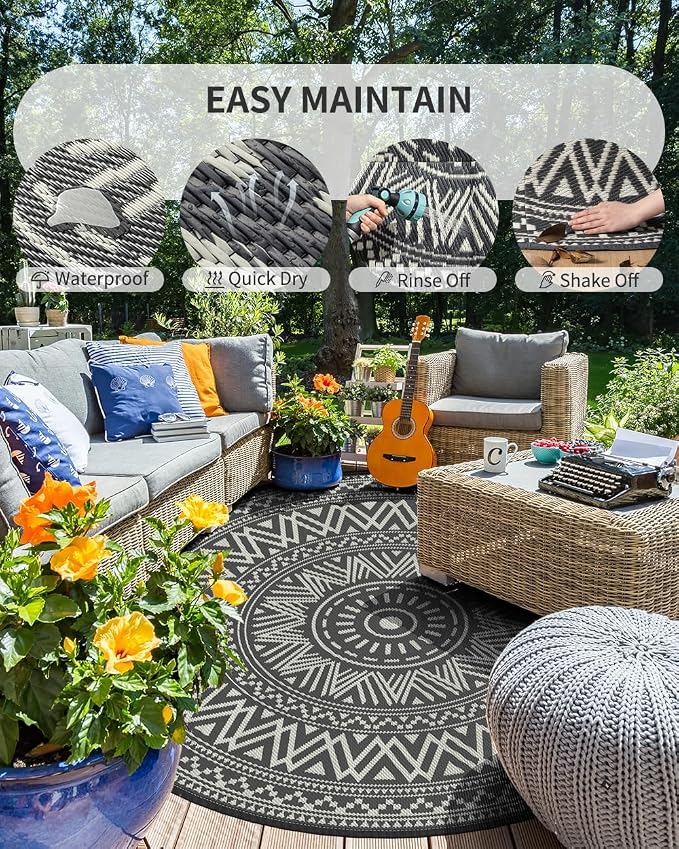 MontVoo Outdoor Rug Carpet Waterproof Round 10ft Outdoor Patio Rug Mat - Image 3