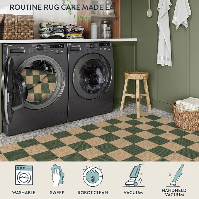 Lahome Colette Checkered Outdoor Runner Rug, 2x8 Green Kitchen Runner Rugs - Image 4