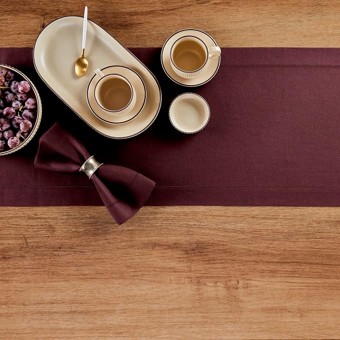 Solino Home 100% Pure Linen Table Runner Burgundy Hemstitch, 14 x 48 in | - Image 4