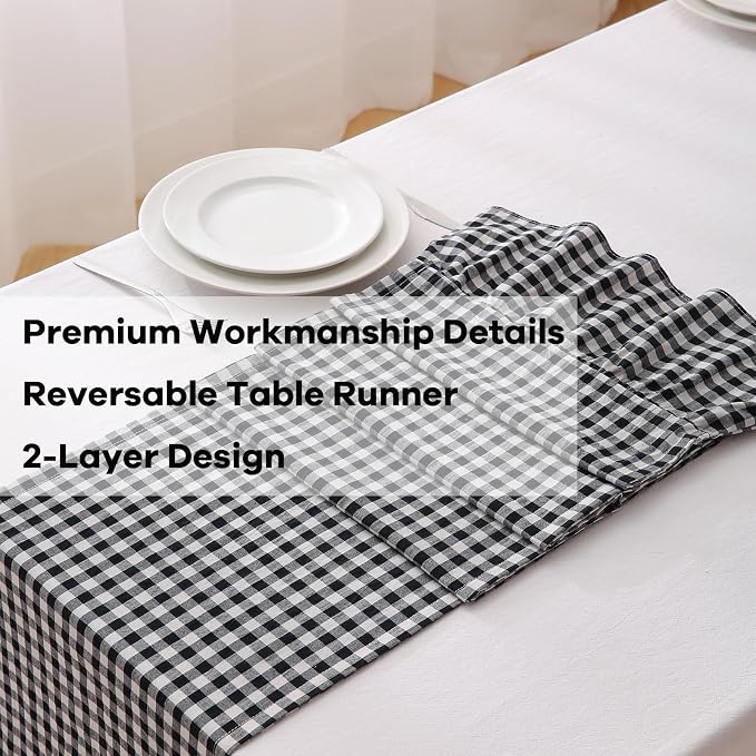 Black White Plaid Gingham Ruffle Table Runner 120 inches Long 100% Washed - Image 5