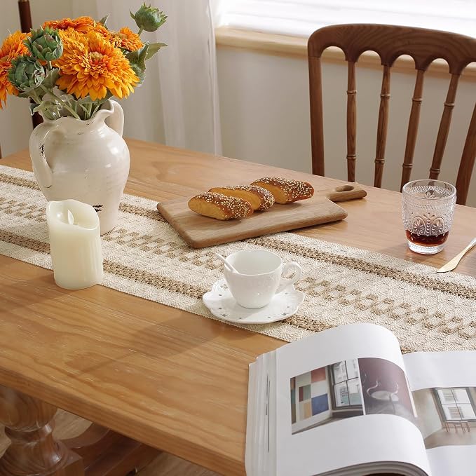 Boho Table Runner with Tassels 12 x 48 Inches Long, Cream & Brown Rustic - Image 4