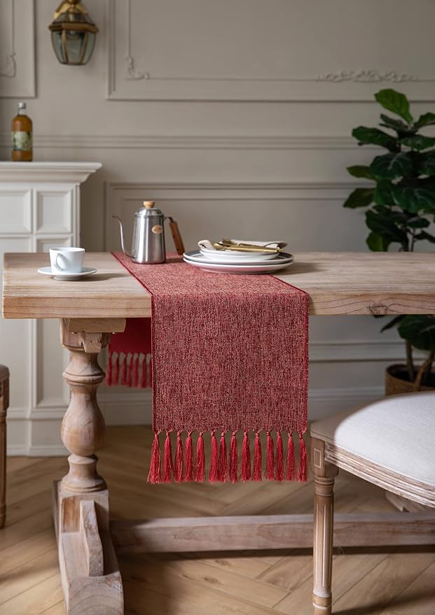 Red Table Runners 48 Inches Long, Burlap Linen Style Rustic Farmhouse Table - Image 3
