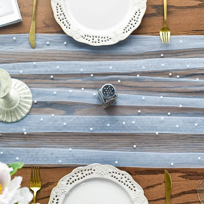 Artoid Mode 3PCS Pearl Blue Gauze Table Runner 120 Inch 10FT, Seasonal Sheer - Image 3