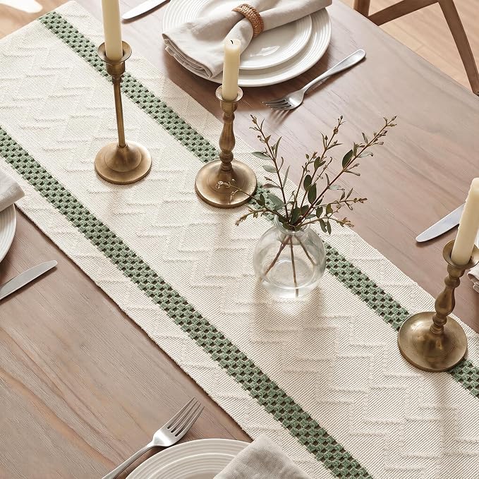 Artoid Mode Sage Green Stripe Woven Rustic Table Runner 12x60 Inch | Holiday - Image 4
