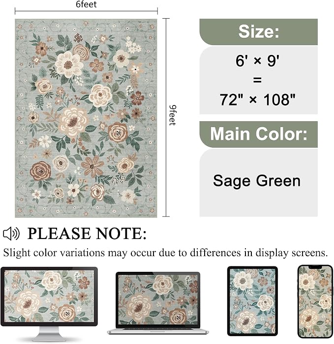 DUKINO 6x9 Area Rug, Floral Rugs - Image 2