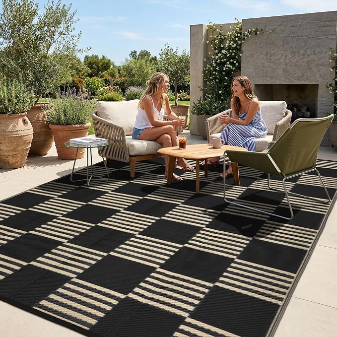 Garvee Waterproof Outdoor Rug 10x14, Checkered Foldable Plastic Straw Patio by Garvee