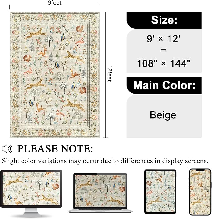 DUKINO 9x12 Rug, Washable Animal Living Room Rug - Image 2