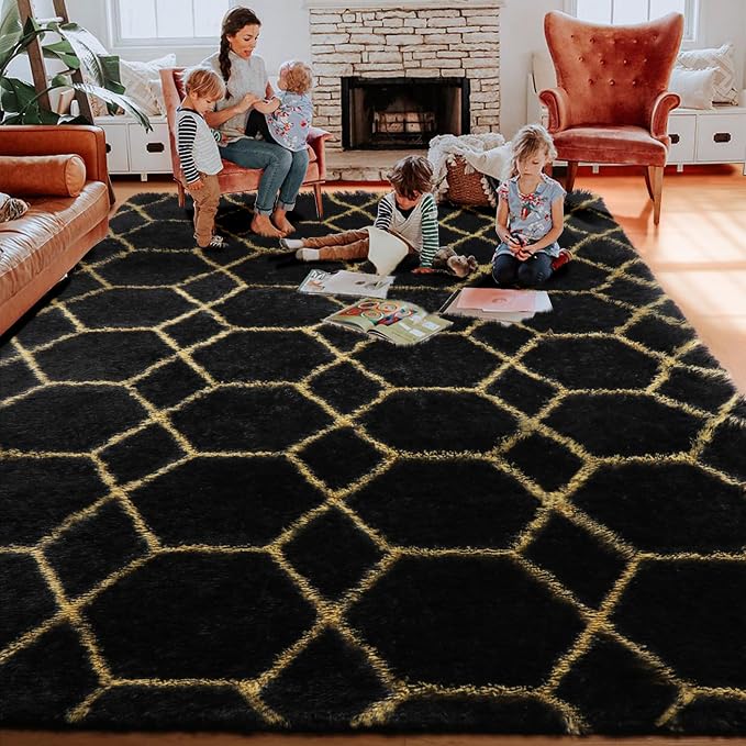 ONASAR 5x7 Area Rugs for Living Room Bedroom, Fluffy Black and Gold Faux Fur Rug - Image 7
