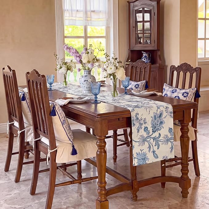 Beige and Blue Table Runner 12x48 Inch | Cotton Polyester Waterproof Seasonal - Image 6