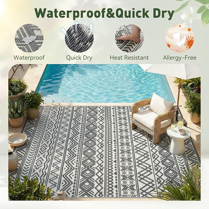 MontVoo Outdoor Rug Carpet Waterproof 9x12 Outdoor Patio Rug Mat Reverisble - Image 3