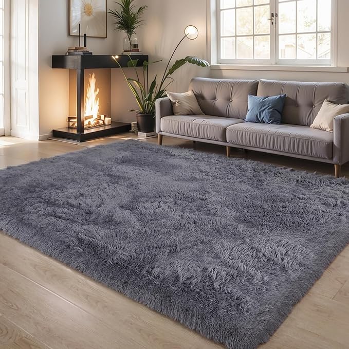 KICHOWUA Thick Area Rug Grey Fluffy Shag 5x8 by KICHOWUA