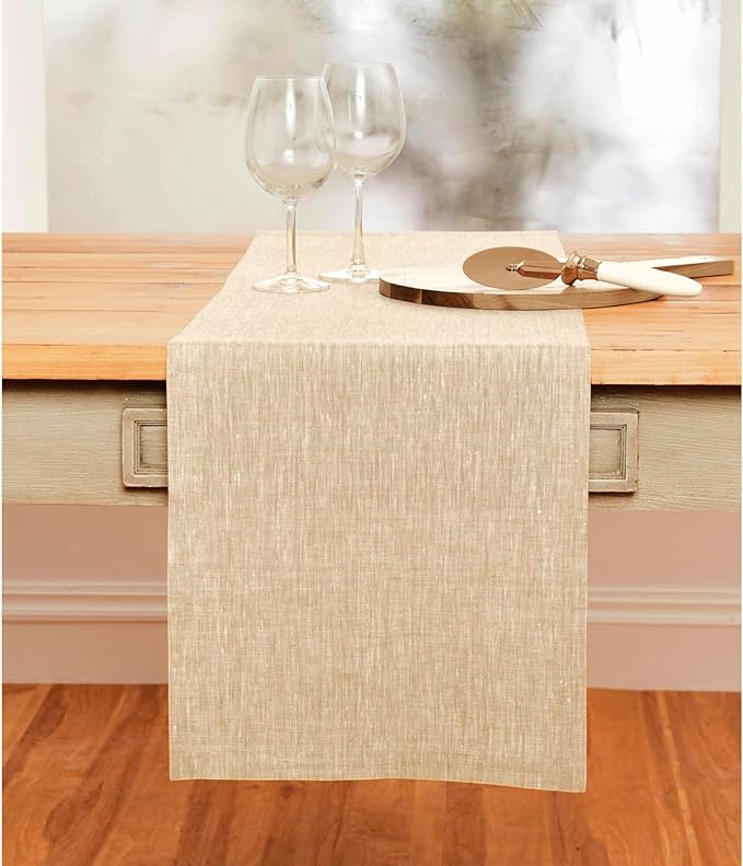 Solino Home 100% Pure Linen Table Runner Beige Long, Athena 14 x 132 in | Table - Image 2