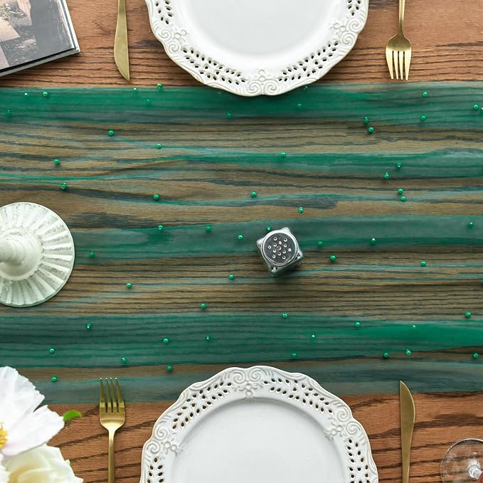 Artoid Mode Pearl Dark Green Gauze Table Runner 120 Inch 10FT, Seasonal Sheer - Image 2