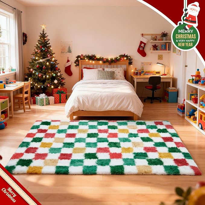 Checkered Area Rug 5x8 for Bedroom Living Room, Christmas Shag Rug Fuzzy Shaggy - Image 5