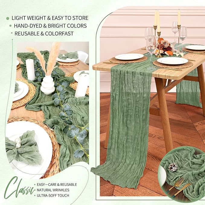 Showgeous 2 Pack Sage Green Cheesecloth Table Runners Boho Wedding Decor | - Image 5