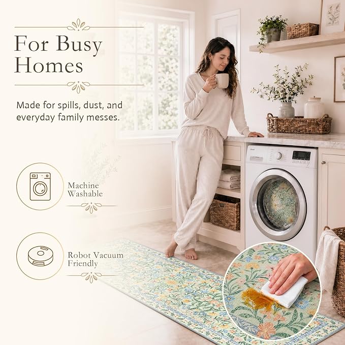 Wonnitar Machine Washable Area Rugs 9x12, Soft Sage Green Floral Rug - Image 5