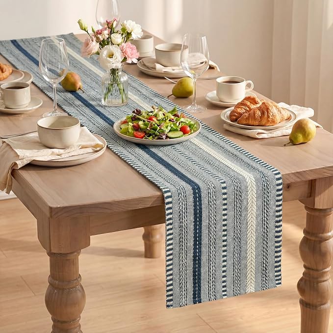 Artoid Mode Dark Blue Farmhouse Stripe Braided Table Runner 12x36 Inch | - Image 8