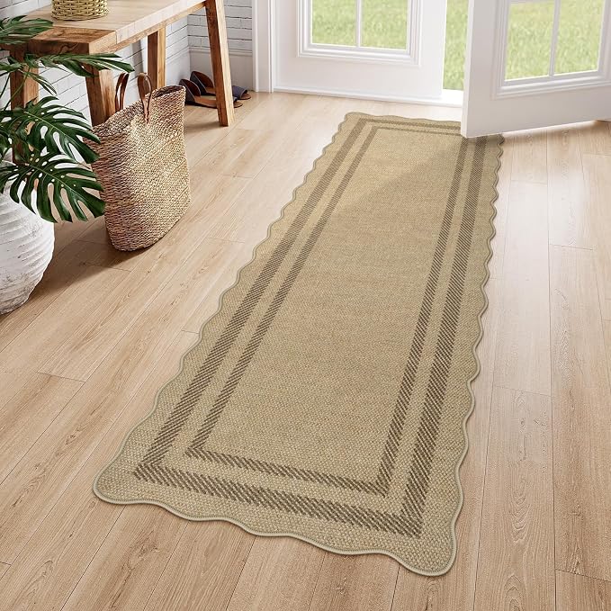 LIVEBOX Scalloped Washable 2x6 Kitchen Runner Rug, Easy Jute Geometric Tan Rugs by LIVEBOX