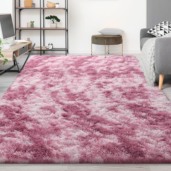 FlyDOIT Large Area Rugs for Living Room, 5x8 Feet Tie-Dyed Blush Shaggy Rug - Image 9