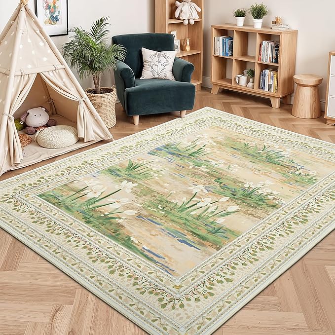 Lessymo Beige Sage 5x7 Rugs for Living Room, Soft Washable Area Rug Non-Slip - Image 4