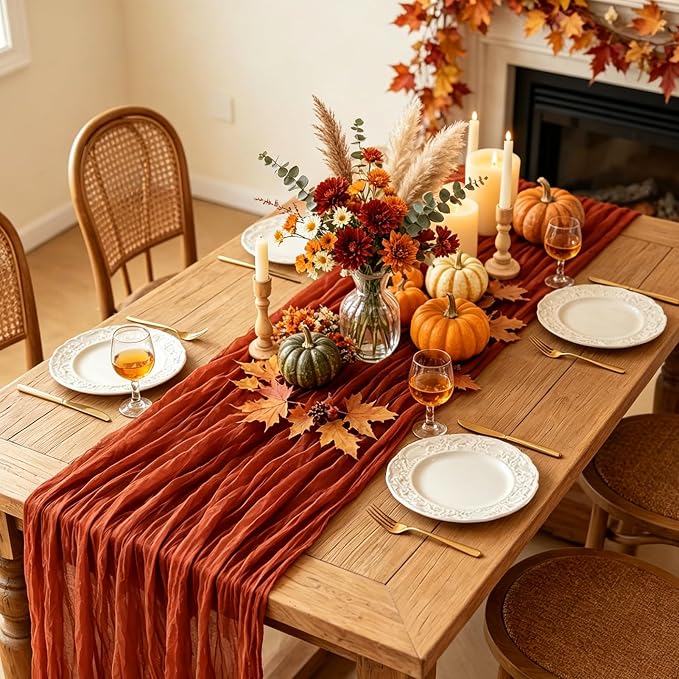 6Pcs Fall Table Runner, 10FT Thanksgiving Cheesecloth Table Runner 35*120inch - Image 3