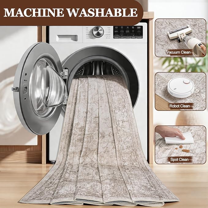 5x7 Area Rugs for Living Room:Beige Washable Vintage Medallion Carpet Non-Slip - Image 7