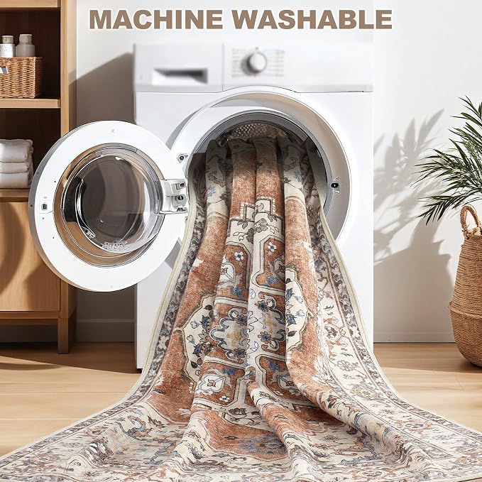 5x7 Washable Area Rug: Vintage Neutral Soft Non Slip Thin Large Floor Carpet - Image 4