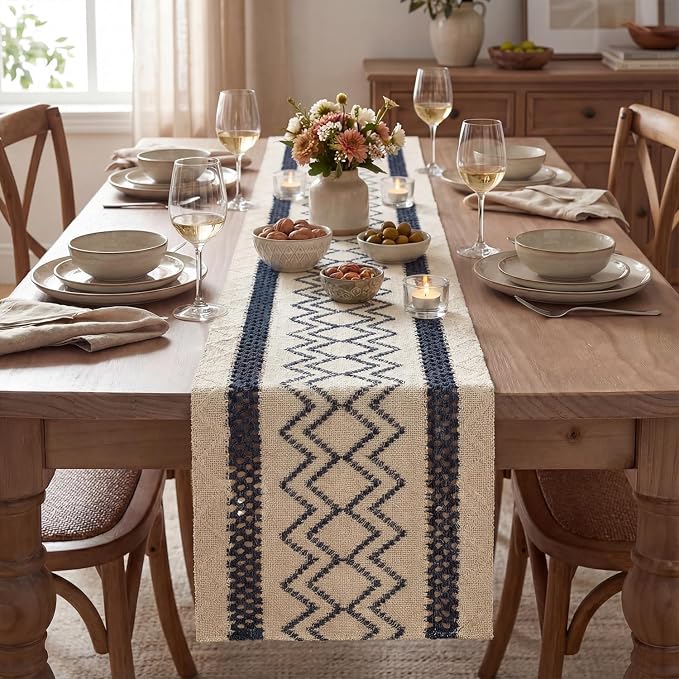 Artoid Mode Dark Blue Stripe Diamond Woven Table Runner 12x108 Inch | Holiday - Image 2