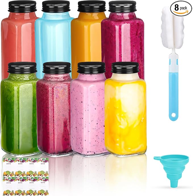 Glxgow 8 Pack 8 oz Glass Juice Bottles by Glxgow