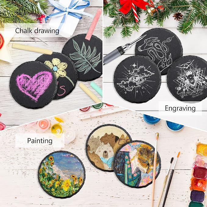 4 PCS Round Slate Drink Coasters Set, SIJDIEE 4 Inch Laser Engraving Black - Image 4