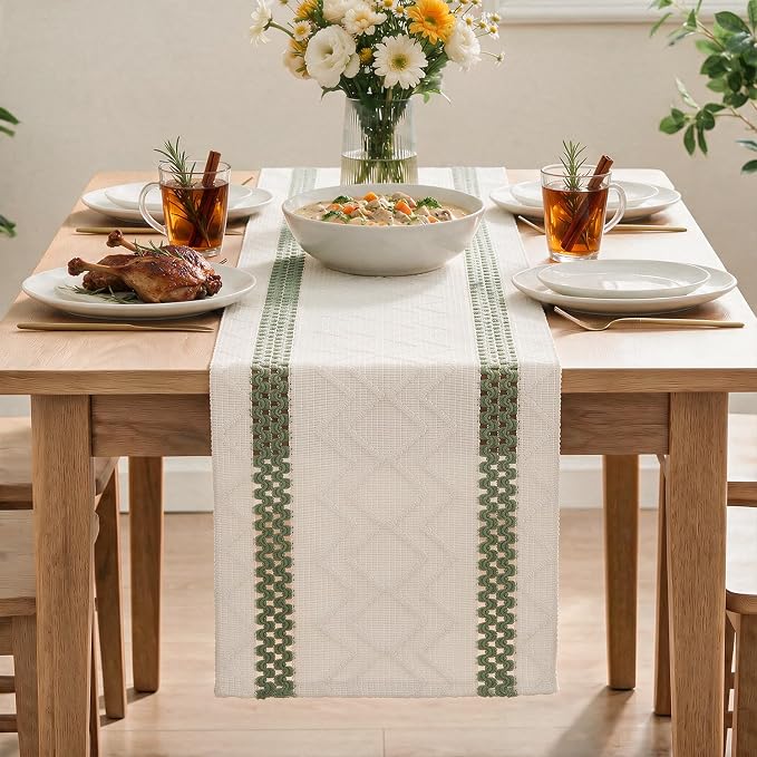Artoid Mode Sage Green Stripe Woven Rustic Table Runner 12x36 Inch | Holiday - Image 2