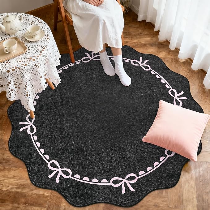 GarveeHome Scalloped Bow Rug for Living Room, 6ft Round Rugs Washable Solid Rug - Image 2