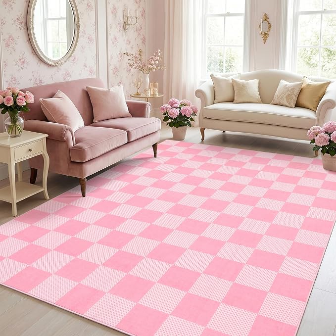 GarveeHome Checkered Blush Pink and White 6x9 Area Rugs Geometric Diamond Dot by GarveeHome