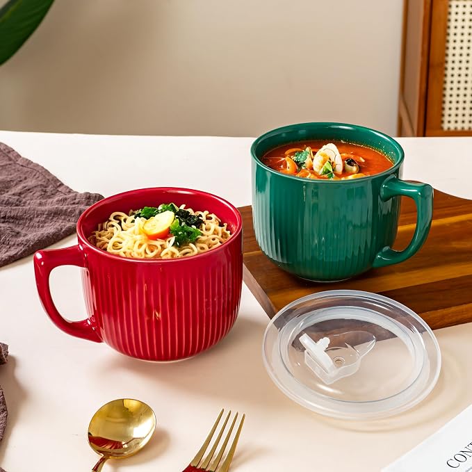 Ceramic Soup Bowl with Handle & Lid, 32oz Microwave Ramen Bowl Set of 2 | - Image 7