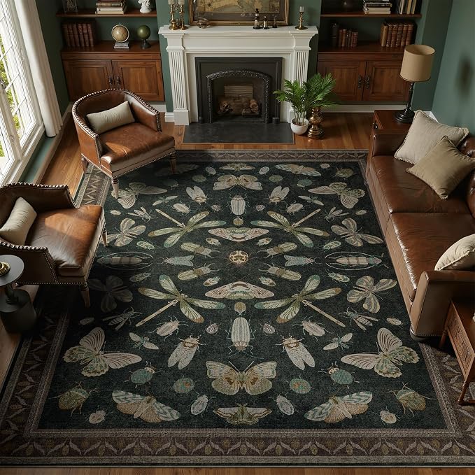 DCX 8x10 Washable Insect Rug, Vintage Gothic Black Rug by DCXWashableRug