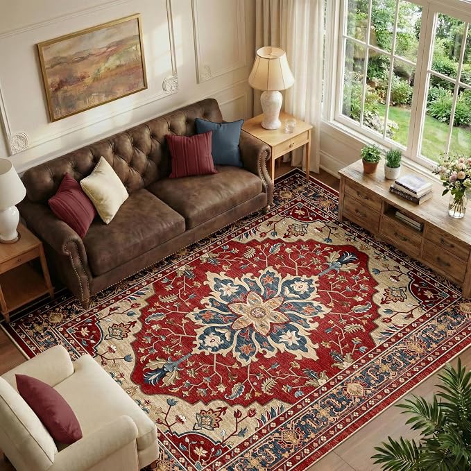 RELEANY Area Rugs 6'x8' Washable Non-Slip, Floral Vintage Distress Medallion by RELEANY