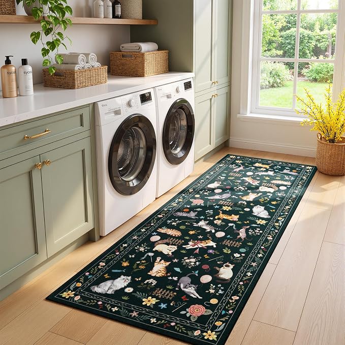 Unirea 2x6 Black Cat Runner Rug, Washable Non Slip Botanical Rug - Image 8