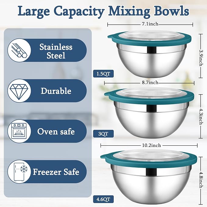 LIANYU Stainless Steel Metal Mixing Bowls, 3 Packs Nesting Bowl - Image 2