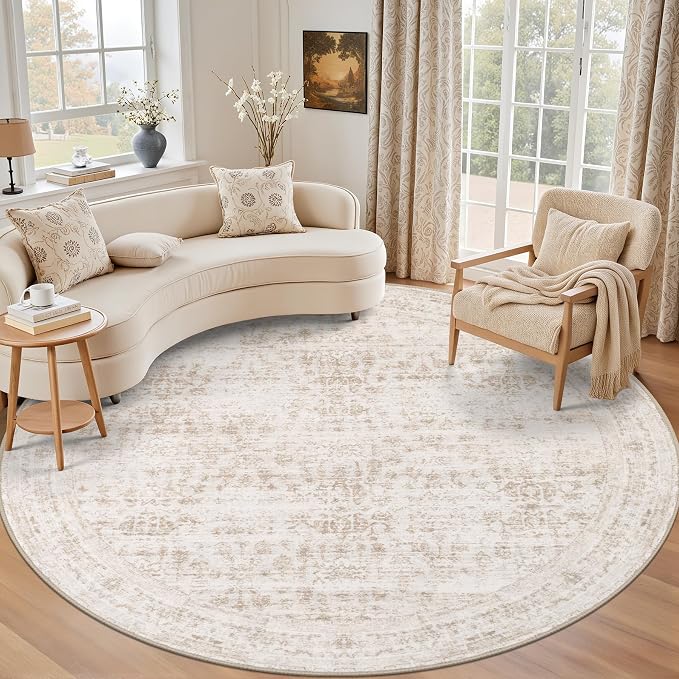 Round Area Rug for Living Room: 6ft Washable Vintage Boho Soft Thin Circle Rug by EXPEDIX