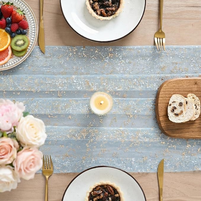 Artoid Mode Gold Gauze Light Blue Table Runner 120 Inch 10FT, Glitter Metallic - Image 3