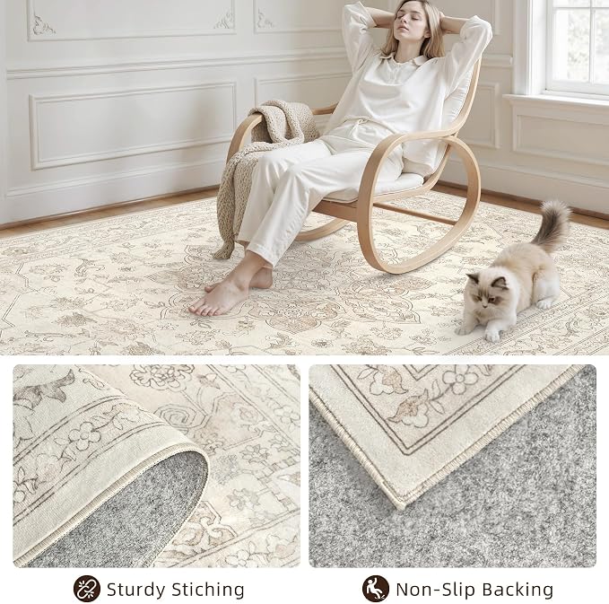 8x10 Area Rugs for Living Room: Vintage Boho Neutral Washable Rug Indoor Soft - Image 4