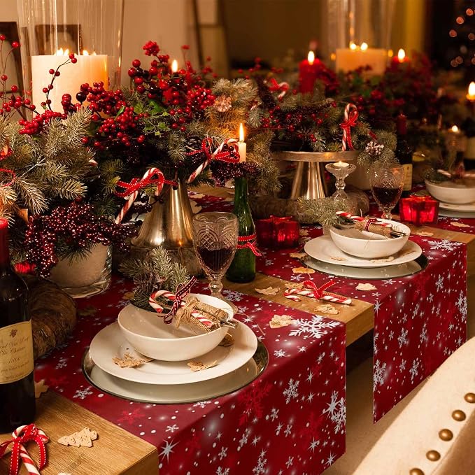 Red Christmas Short Table Runners 36 Inches, Cotton Linen Fabric Snowflake - Image 2