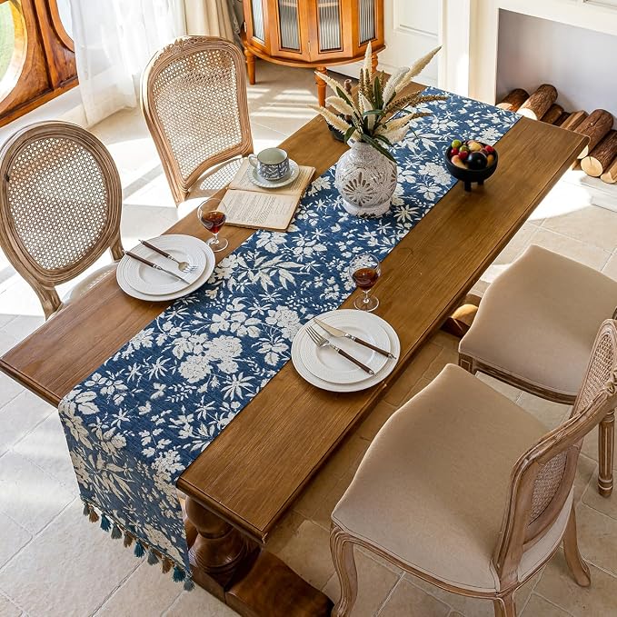 Botanical Jacquard Floral Dining Table Runner Blue 13 x 82 Inch | Jacquard - Image 4