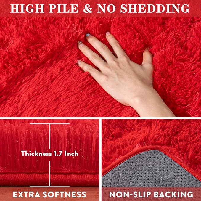 WISH TREE 5x7 Red Rugs for Bedroom, Soft Fluffy Shaggy Rugs for Living Room - Image 2