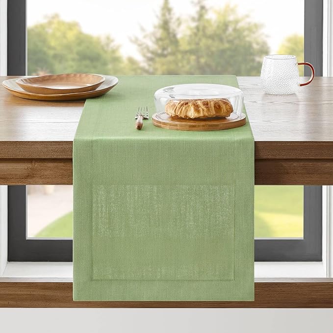 Linen Textured Border Table Runner, 14 x 60 Inch Green | Mitered Corner Design by ZEEMARTONLINE